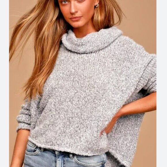 FREE PEOPLE BFF Boucle Sweater Pullover Cowl Neck Slouchy Crop Light Gray M - Picture 12 of 12